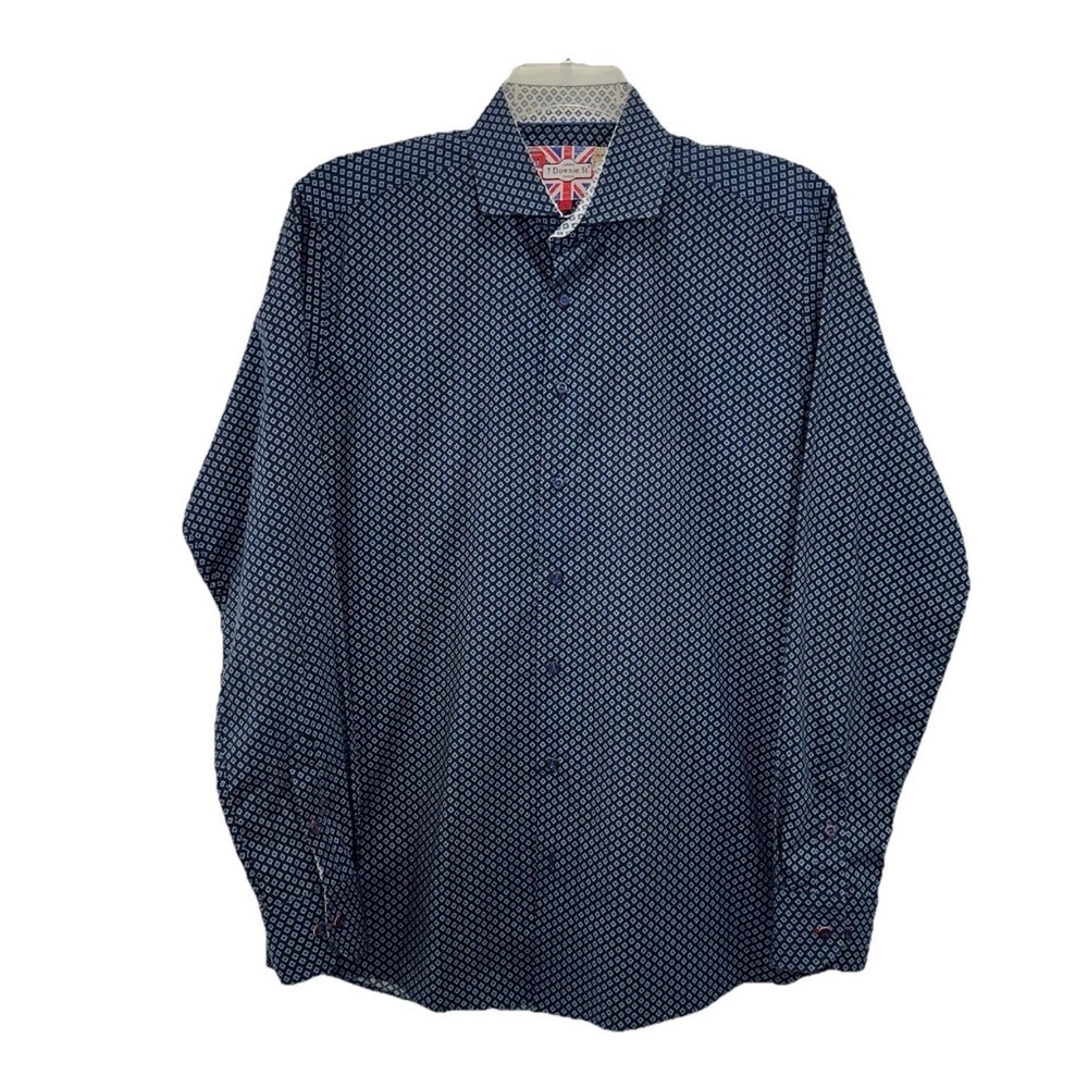 7 Downie St London Night Blue Button Up Shirt Mens Large Fitted Stretch Long Slv